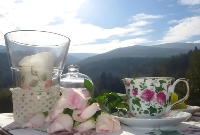 Poranna herbata na tarasie z widokiem na góry